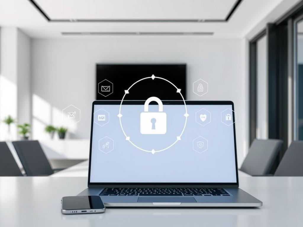 A modern office setting with a clean and professional atmosphere. In the foreground, a laptop and smartphone are prominently displayed, representing the digital devices used for IPTV access. The middle ground features security icons, such as a lock and shield, subtly indicating the importance of protecting one's IPTV setup. The background showcases a sleek, minimalist room with large windows, allowing natural light to filter in and creating an aura of transparency and legitimacy. The overall composition conveys a sense of security, legality, and the responsible use of IPTV technology.