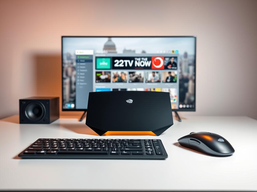 A modern, sleek Nvidia Shield Pro device prominently displayed on a clean, minimalist desk. The Shield Pro is positioned centrally, surrounded by a crisp, white background. Warm, soft lighting illuminates the device, highlighting its sharp edges and matte black finish. In the foreground, a modern wireless keyboard and mouse set neatly frame the Shield Pro, suggesting a professional, yet inviting setup. In the middle ground, a high-resolution display showcases the 2TV.store interface, its user-friendly layout and vibrant colors hinting at the seamless streaming experience. The background features a subtle, blurred cityscape, conveying a sense of urban connectivity and the Shield Pro's ability to access a vast library of content.