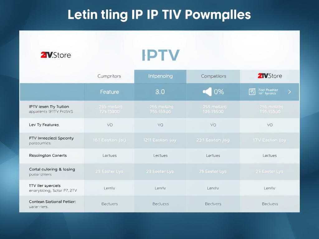 A modern, sleek comparison of leading IPTV providers, showcased in a clean, data-driven infographic. In the foreground, a minimalist grid layout highlights key features, subscription options, and pricing for 2TV.store and its competitors, rendered in a cool, sophisticated color palette. The middle ground features subtle, high-resolution icons and graphics that complement the information, while the background subtly blends gradient textures and geometric shapes, creating a sense of depth and professionalism. Crisp, even lighting and a slightly elevated camera angle give the composition a balanced, authoritative feel, effectively conveying the subject matter and guiding the viewer's attention.