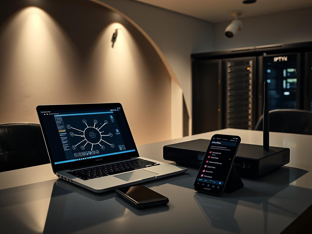 A security-focused IPTV setup with a laptop, smartphone, and router arranged on a sleek, modern desk. Dramatic low-angle lighting casts intriguing shadows, conveying a sense of importance and technicality. The laptop displays a network diagram, while the smartphone shows security settings. In the background, a wall-mounted security camera and a secure-looking server rack hint at the comprehensive IPTV protection measures. The overall atmosphere is one of professionalism, privacy, and cutting-edge technology.