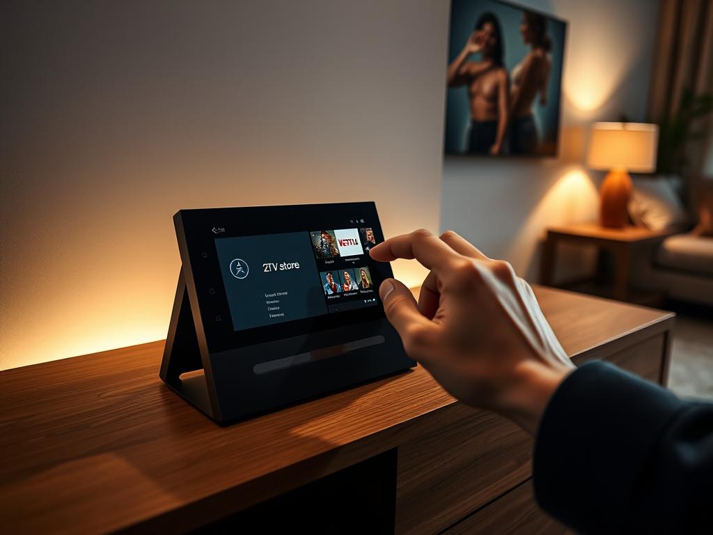 A sleek and modern NVIDIA Shield Pro device sits prominently on a minimalist wooden entertainment center. The device is illuminated by soft, indirect lighting, casting a warm glow on the surrounding environment. In the foreground, a hand delicately operates the Shield Pro's intuitive interface, navigating through the 2TV.store app with fluid gestures. The background showcases a cozy, well-appointed living room, with clean lines and neutral tones that complement the Shield Pro's sophisticated aesthetic. The overall scene conveys a sense of effortless technology integration and a streamlined, enjoyable streaming experience.