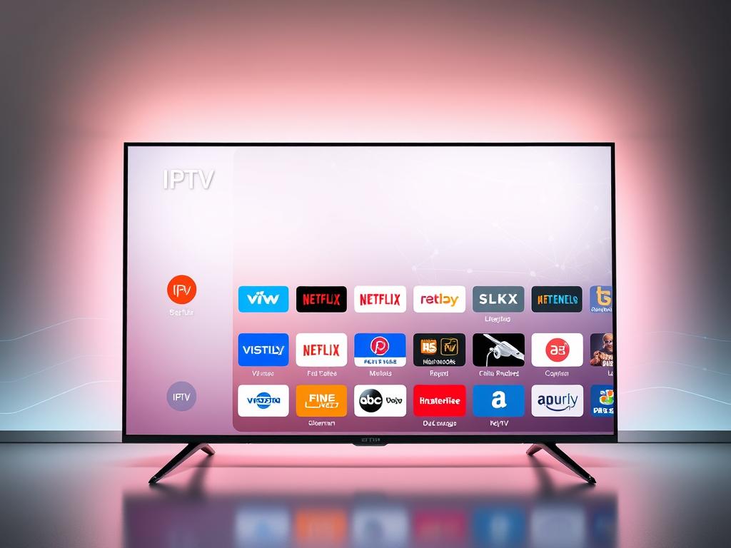 A sleek and modern smart TV display showcasing a variety of IPTV app icons in the foreground. The apps are neatly arranged, showcasing a range of streaming services, live TV channels, and media playback options. The background features a subtle gradient with hints of technology-inspired patterns, creating a clean and futuristic atmosphere. The lighting is soft and diffused, highlighting the apps without casting harsh shadows. The camera angle is positioned slightly above, giving a birds-eye view of the display, emphasizing the advanced integration between IPTV and smart TV capabilities.