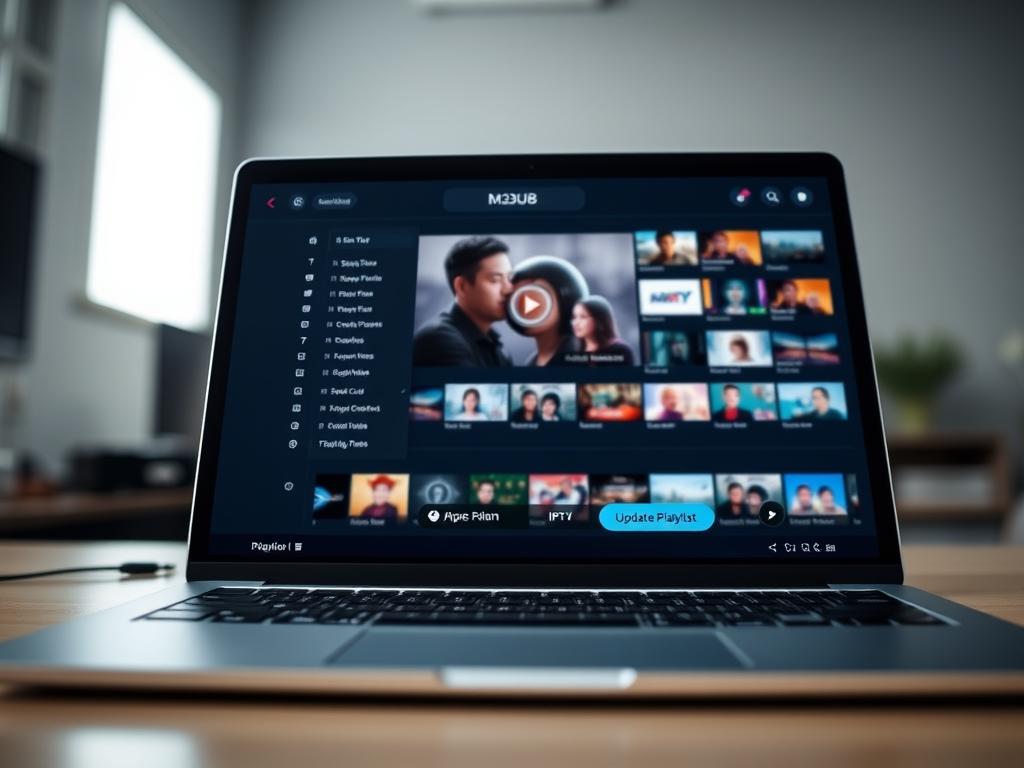 A sleek, modern laptop screen displays a dynamic M3U8 playlist interface. The foreground features a clean, minimalist design with intuitive controls and a prominent "Update Playlist" button. The middle ground showcases a live video preview, showcasing the seamless playback of the IPTV content. In the background, a subtle grid of thumbnails provides a visual representation of the available channels. The lighting is soft and diffused, creating a professional, yet approachable atmosphere. The camera angle is slightly elevated, providing a comprehensive view of the workflow, as if the viewer is an active participant in the playlist management process. A sleek, modern laptop screen displays a dynamic M3U8 playlist interface. The foreground features a clean, minimalist design with intuitive controls and a prominent "Update Playlist" button. The middle ground showcases a live video preview, showcasing the seamless playback of the IPTV content. In the background, a subtle grid of thumbnails provides a visual representation of the available channels. The lighting is soft and diffused, creating a professional, yet approachable atmosphere. The camera angle is slightly elevated, providing a comprehensive view of the workflow, as if the viewer is an active participant in the playlist management process.