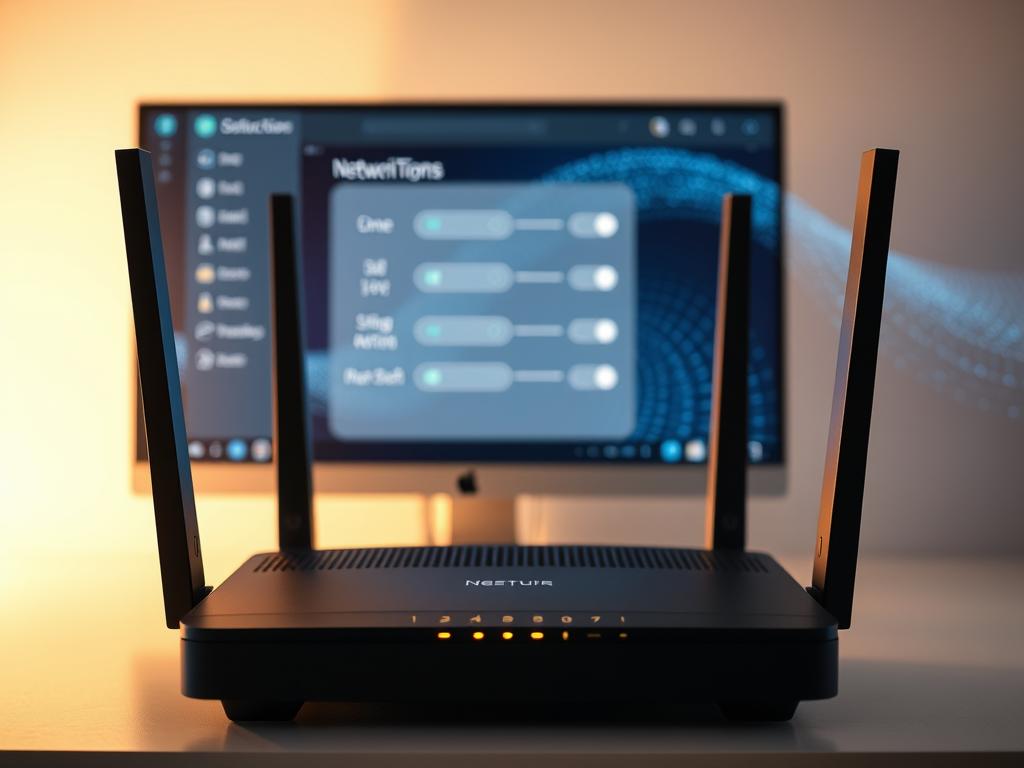 A sleek, modern router stands in the foreground, its glowing ports and antennas conveying a sense of technological sophistication. In the middle ground, a computer screen displays a graphical user interface for configuring network settings, with clean, intuitive icons and sliders. The background features a seamless, high-speed internet connection, represented by a swirling data stream of ones and zeros, illuminated by a soft, warm lighting that creates a serene, focused atmosphere. The overall composition suggests a harmonious, optimized network infrastructure, tailored for smooth, uninterrupted streaming.