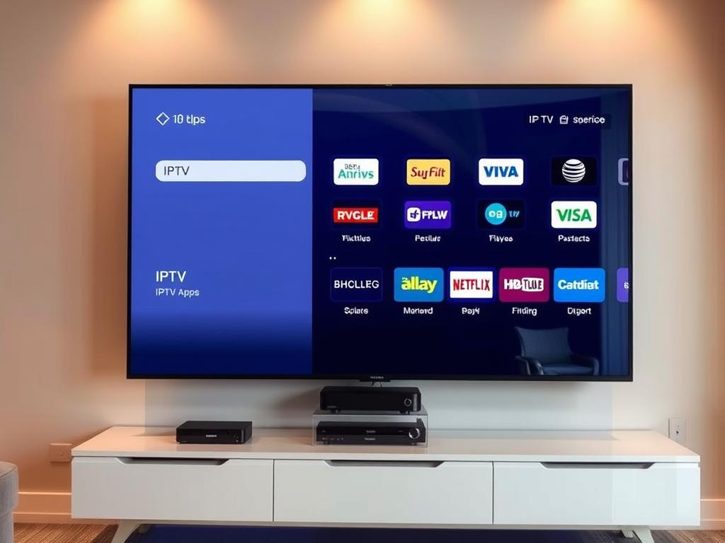 A sleek, modern smart TV interface showcasing a variety of IPTV apps against a backdrop of a living room setting. The TV screen displays a clean, minimalist design with clearly labeled app icons for popular IPTV services. The room is bathed in warm, soft lighting, creating a cozy and inviting atmosphere. The TV is mounted on a wall, with a contemporary entertainment unit below housing various media devices. Subtle reflections on the TV screen and polished surfaces add depth and realism to the scene. The overall composition emphasizes the integration of IPTV technology within a comfortable, high-end home entertainment setup. A sleek, modern smart TV interface showcasing a variety of IPTV apps against a backdrop of a living room setting. The TV screen displays a clean, minimalist design with clearly labeled app icons for popular IPTV services. The room is bathed in warm, soft lighting, creating a cozy and inviting atmosphere. The TV is mounted on a wall, with a contemporary entertainment unit below housing various media devices. Subtle reflections on the TV screen and polished surfaces add depth and realism to the scene. The overall composition emphasizes the integration of IPTV technology within a comfortable, high-end home entertainment setup.