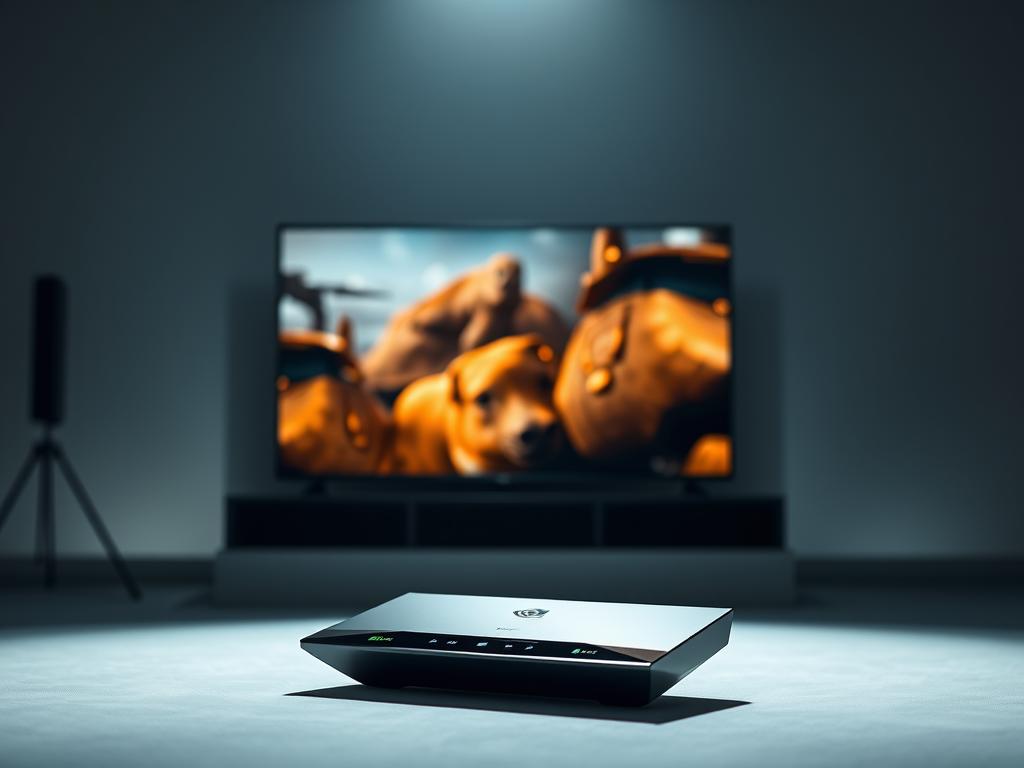 A well-lit studio setting showcases the NVIDIA Shield Pro streaming device in the foreground, its sleek and modern design highlighted by dramatic studio lighting. In the middle ground, a high-definition television displays vivid, high-quality video, reflecting the Shield Pro's powerful performance capabilities. The background features a subtly blurred, minimalist backdrop, allowing the device and its on-screen content to take center stage. The overall atmosphere conveys a sense of technological sophistication and immersive streaming experience.