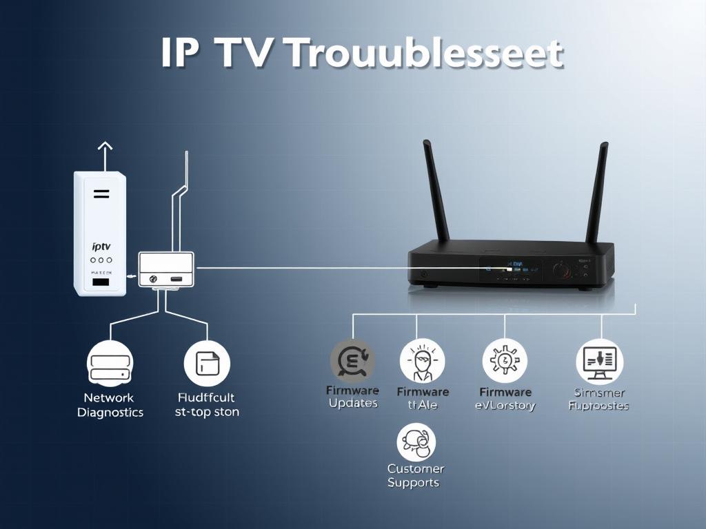 A well-lit, technical diagram showcasing the key aspects of IPTV troubleshooting. In the foreground, a detailed schematic of an IPTV setup, including modem, router, and set-top box, with annotations pointing to common problem areas. In the middle ground, a series of icons and infographics illustrating troubleshooting steps like network diagnostics, firmware updates, and customer support contacts. The background features a subtle grid pattern hinting at the complex, interconnected nature of IPTV systems. The overall mood is informative and solution-oriented, guiding the viewer through the process of resolving IPTV issues.