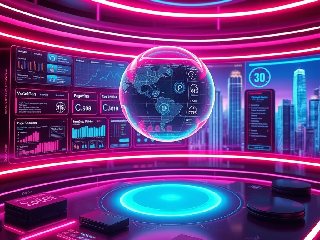 Streamlined IPTV optimization: a futuristic control panel with sleek, holographic interfaces displaying real-time streaming analytics, network performance metrics, and customizable user settings. Vibrant neon-tinged lighting casts an ethereal glow, creating an immersive, high-tech ambiance. In the foreground, a floating sphere hovers, showcasing dynamic visualizations of data flows and service optimization recommendations. The middle ground features modular UI elements that allow seamless management of channels, subscriptions, and bandwidth allocation. The background depicts a stylized cityscape of skyscrapers, hinting at the global reach and scalability of the IPTV platform. An aura of technological sophistication pervades the scene, embodying the promise of a seamless, optimized streaming experience.